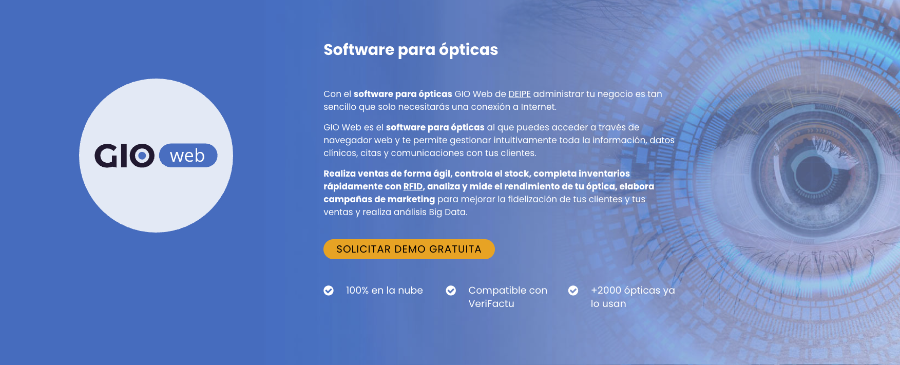 GIO Web - Software cloud para ópticas de Deipe con inventario RFID GIO Web de Deipe: software 100% en la nube para ópticas con tecnología RFID, compatible con VeriFactu y usado por más de 2.300 ópticas en España