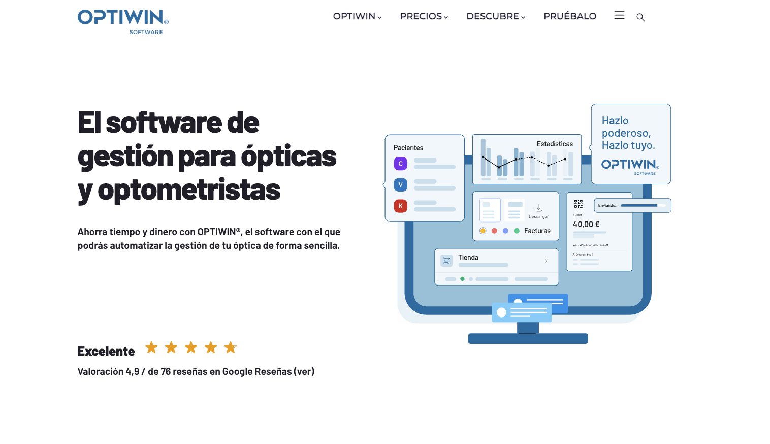 Optiwin - Software online de gestión para ópticas desde 49€/mes Optiwin: software de gestión online para ópticas y optometristas desde 49 euros al mes, con valoración 4.9 en Google de 76 reseñas, módulo de estadísticas y facturación