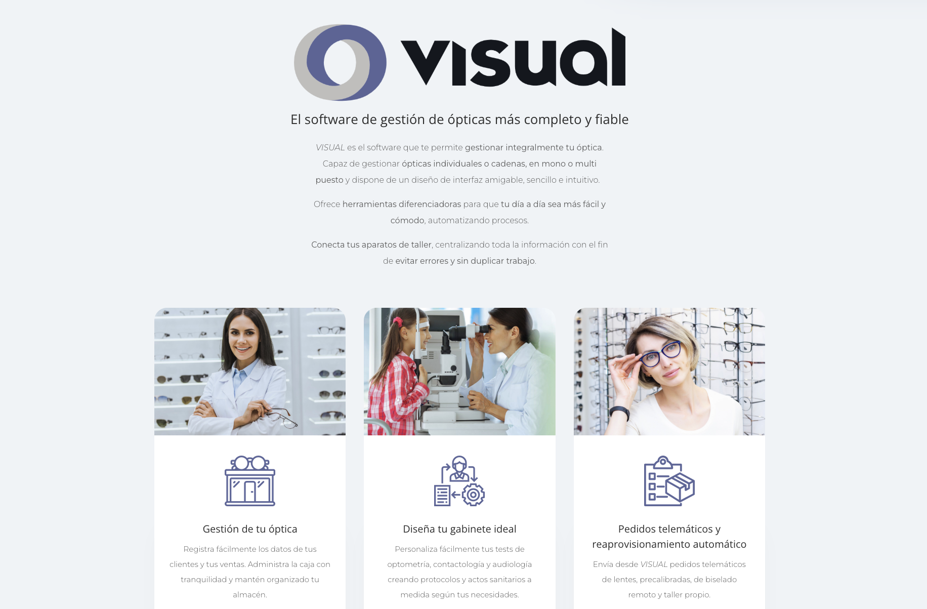 Visual - Software de gestión para ópticas de Temática Software Visual de Temática Software: página oficial mostrando el software de gestión de ópticas más completo y fiable de España, con funciones de gestión de óptica, diseño de gabinete y pedidos telemáticos